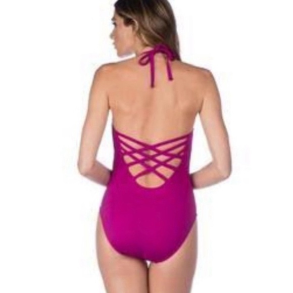 La Blanca Women’s Sz 14 Fuchsia Island Goddess Keyhole Halter One Piece Swimsuit - Picture 2 of 14
